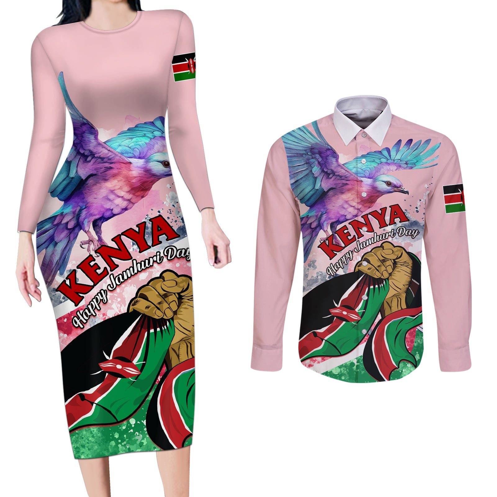 personalised-kenya-independence-day-couples-matching-long-sleeve-bodycon-dress-and-long-sleeve-button-shirt-the-lilac-breasted-roller-unique-version