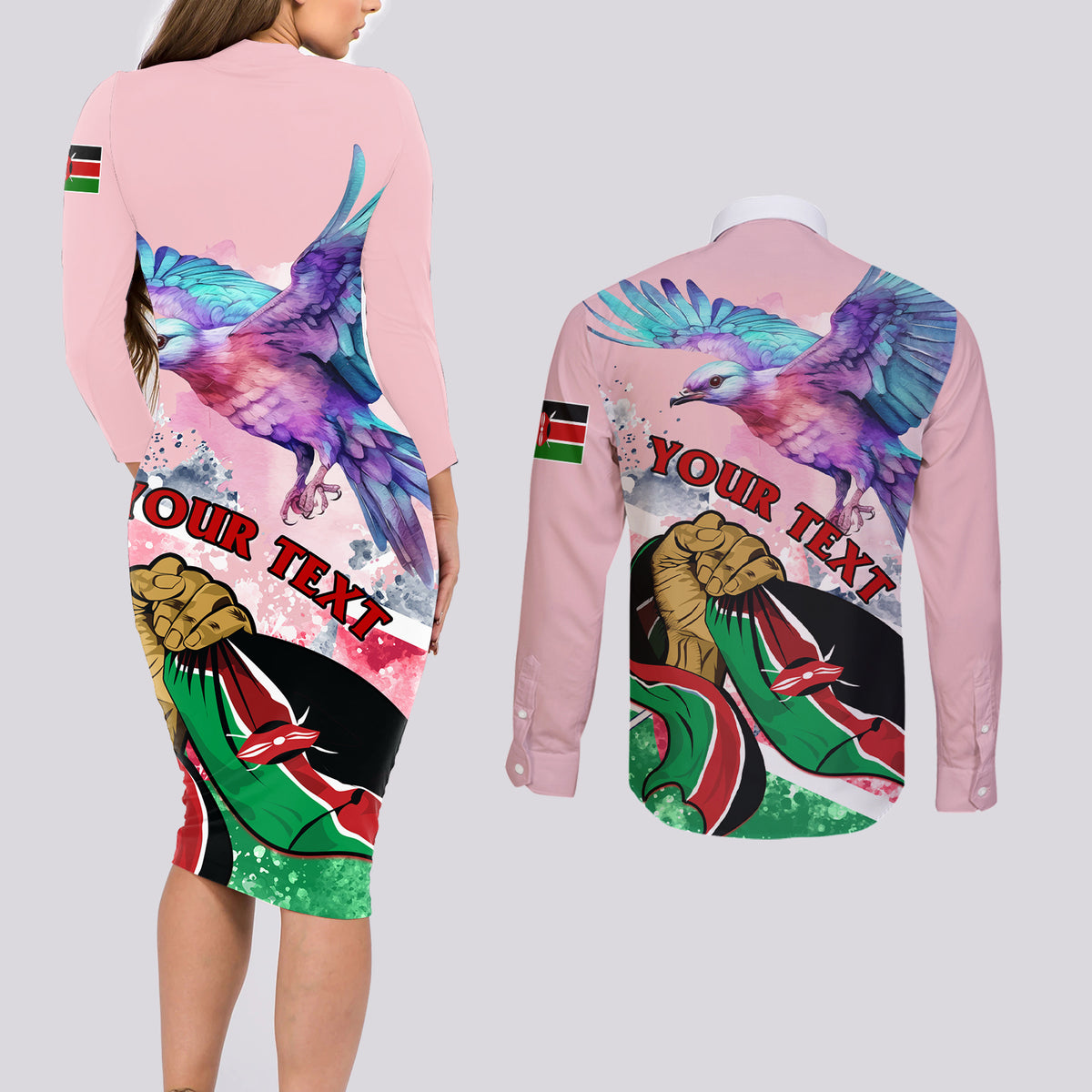 Personalised Kenya Independence Day Couples Matching Long Sleeve Bodycon Dress and Long Sleeve Button Shirt The Lilac Breasted Roller Unique Version - Wonder Print Shop