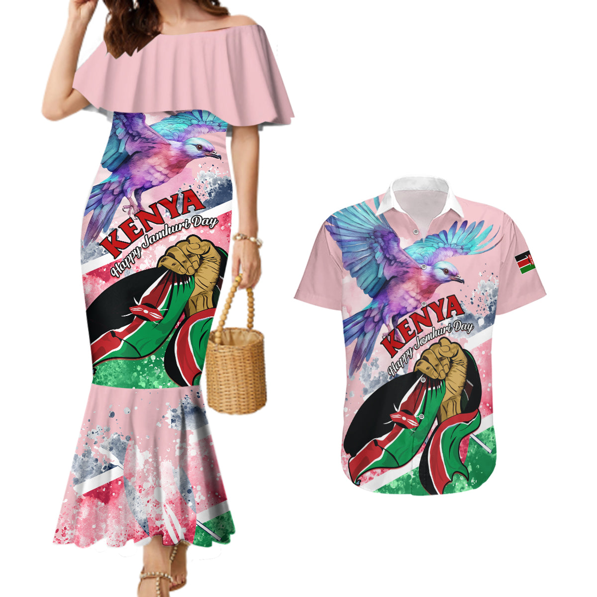 personalised-kenya-independence-day-couples-matching-mermaid-dress-and-hawaiian-shirt-the-lilac-breasted-roller-unique-version