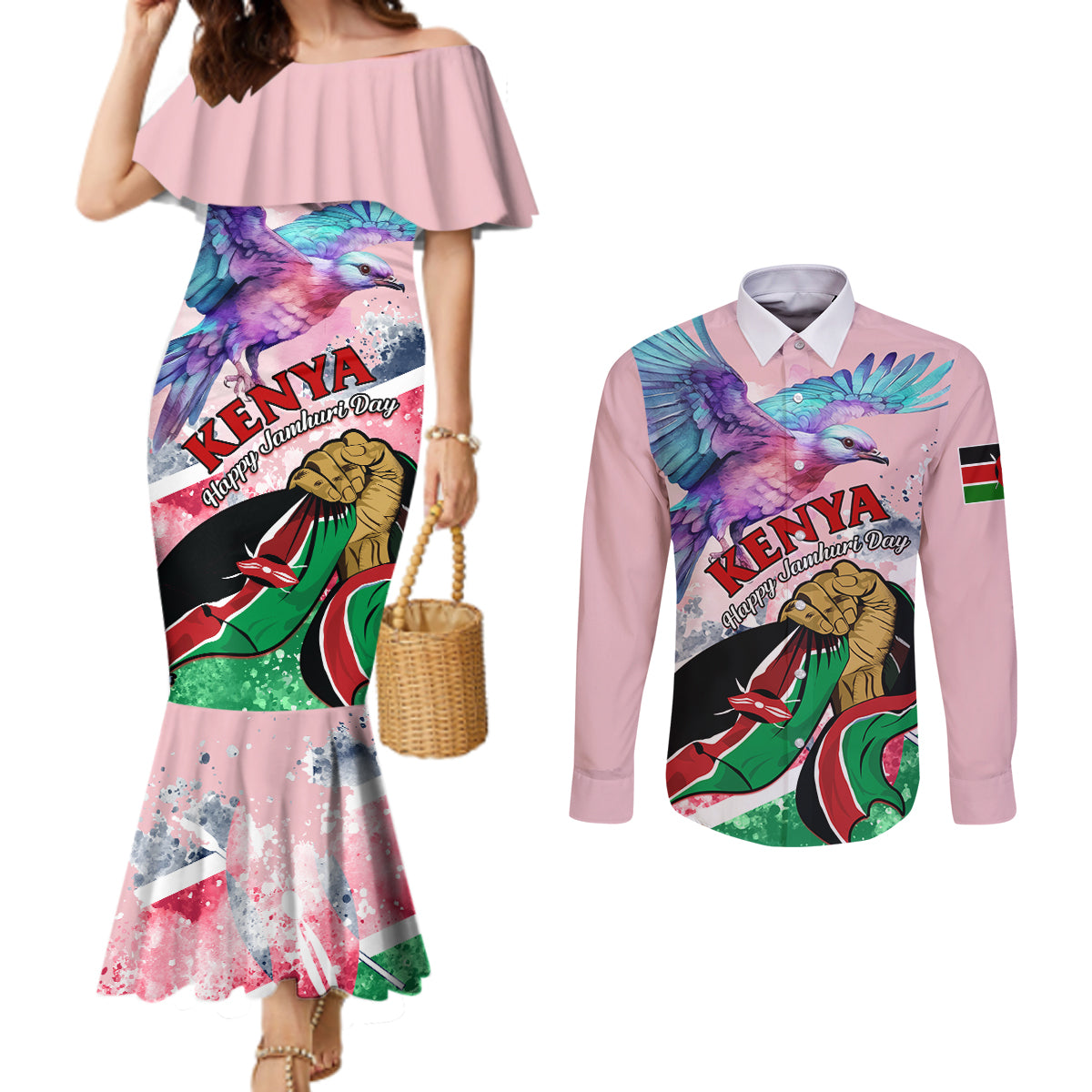 personalised-kenya-independence-day-couples-matching-mermaid-dress-and-long-sleeve-button-shirt-the-lilac-breasted-roller-unique-version