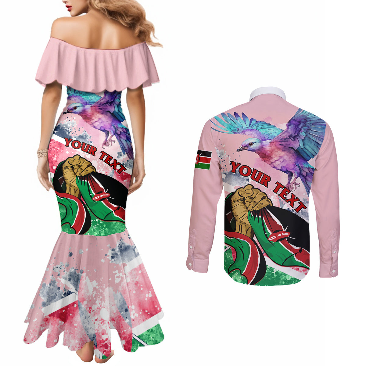 personalised-kenya-independence-day-couples-matching-mermaid-dress-and-long-sleeve-button-shirt-the-lilac-breasted-roller-unique-version