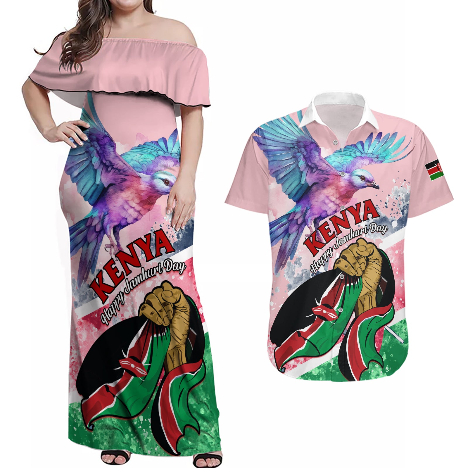 personalised-kenya-independence-day-couples-matching-off-shoulder-maxi-dress-and-hawaiian-shirt-the-lilac-breasted-roller-unique-version