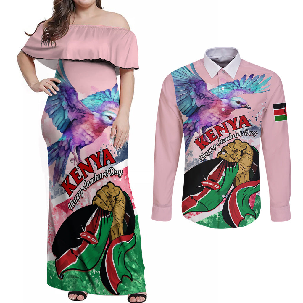 Personalised Kenya Independence Day Couples Matching Off Shoulder Maxi Dress and Long Sleeve Button Shirt The Lilac Breasted Roller Unique Version - Wonder Print Shop