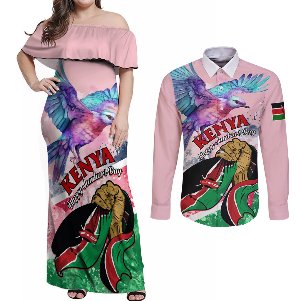 personalised-kenya-independence-day-couples-matching-off-shoulder-maxi-dress-and-long-sleeve-button-shirt-the-lilac-breasted-roller-unique-version