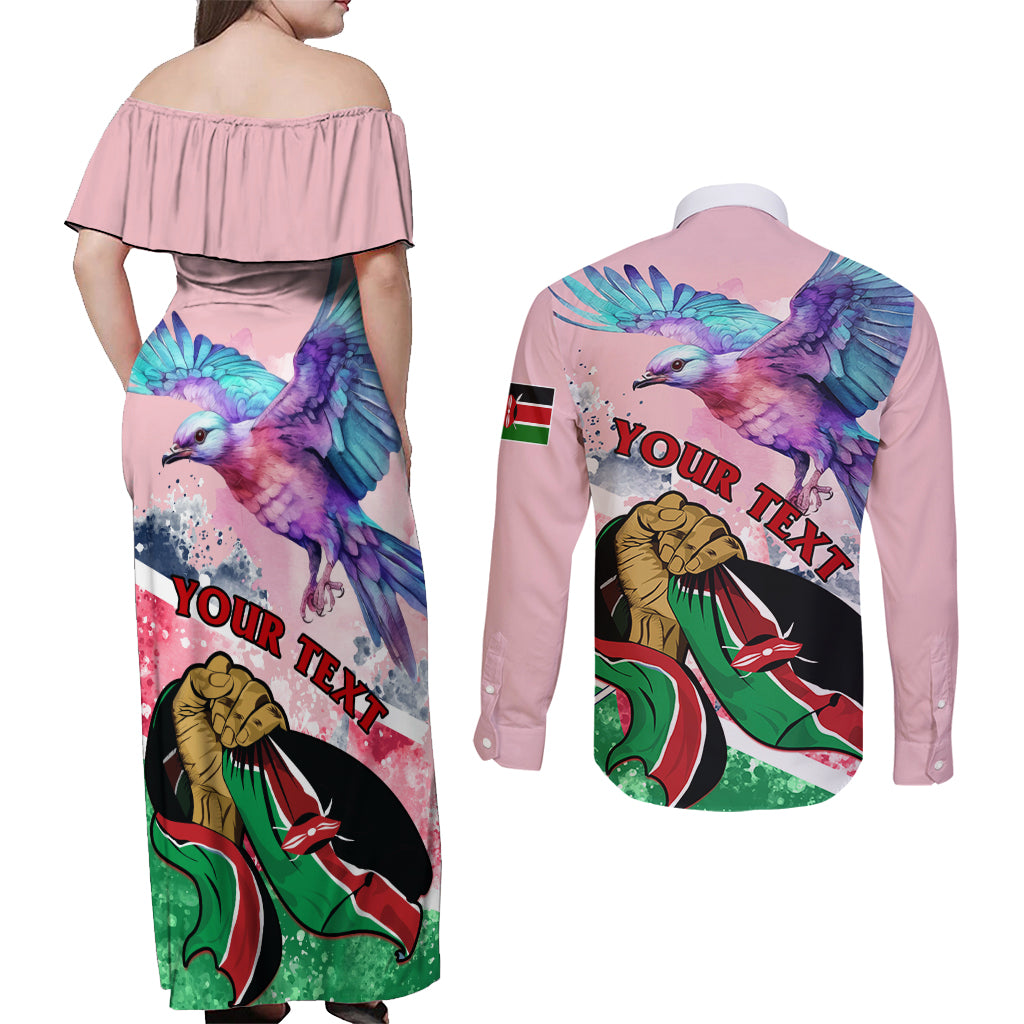 Personalised Kenya Independence Day Couples Matching Off Shoulder Maxi Dress and Long Sleeve Button Shirt The Lilac Breasted Roller Unique Version - Wonder Print Shop