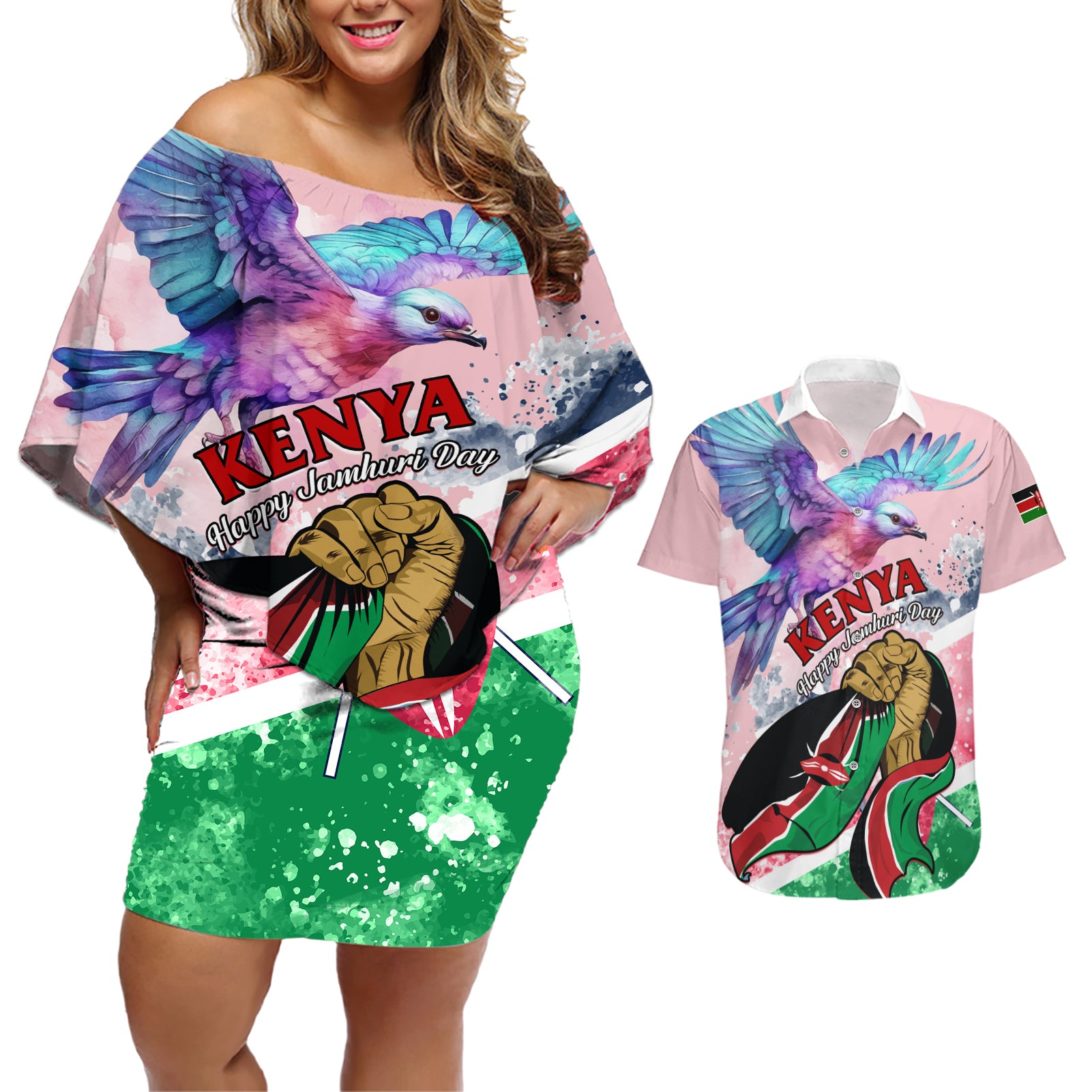 personalised-kenya-independence-day-couples-matching-off-shoulder-short-dress-and-hawaiian-shirt-the-lilac-breasted-roller-unique-version