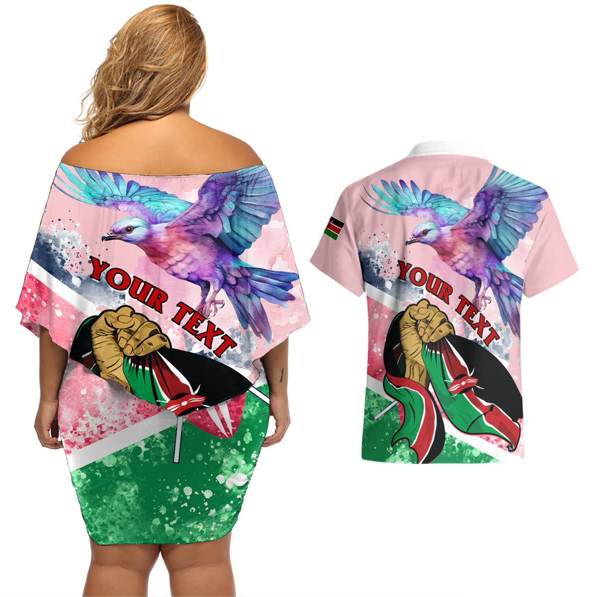 Personalised Kenya Independence Day Couples Matching Off Shoulder Short Dress and Hawaiian Shirt The Lilac Breasted Roller Unique Version - Wonder Print Shop