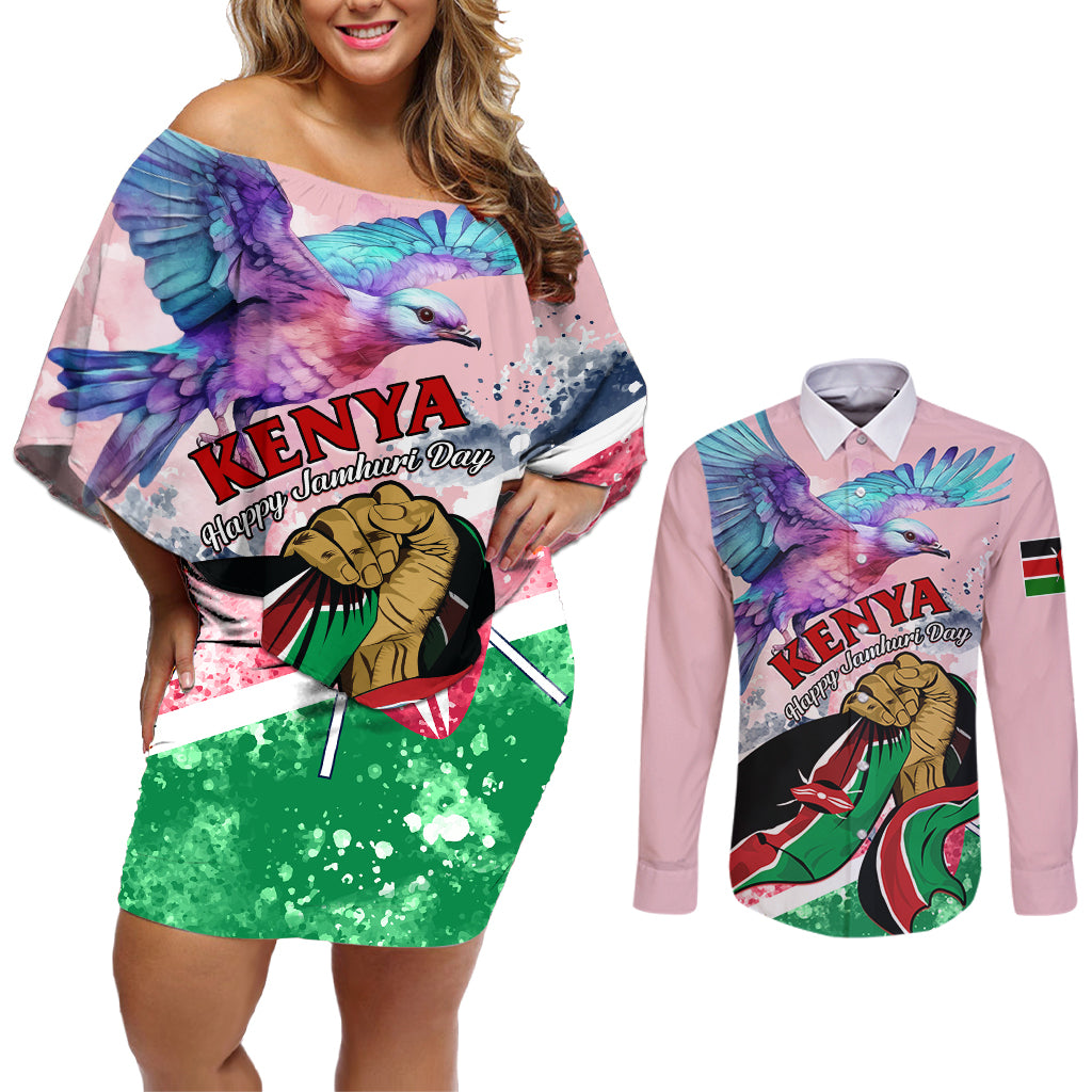 Personalised Kenya Independence Day Couples Matching Off Shoulder Short Dress and Long Sleeve Button Shirt The Lilac Breasted Roller Unique Version - Wonder Print Shop