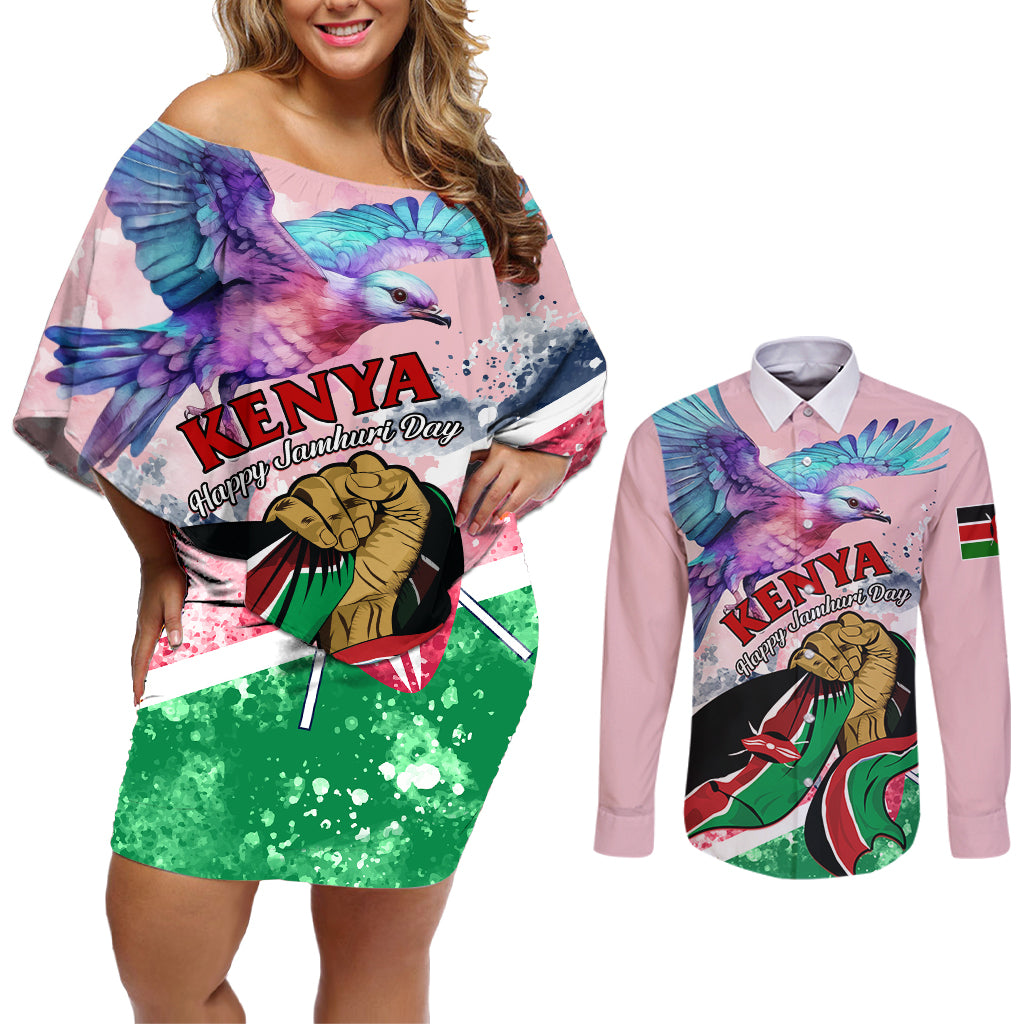 personalised-kenya-independence-day-couples-matching-off-shoulder-short-dress-and-long-sleeve-button-shirt-the-lilac-breasted-roller-unique-version
