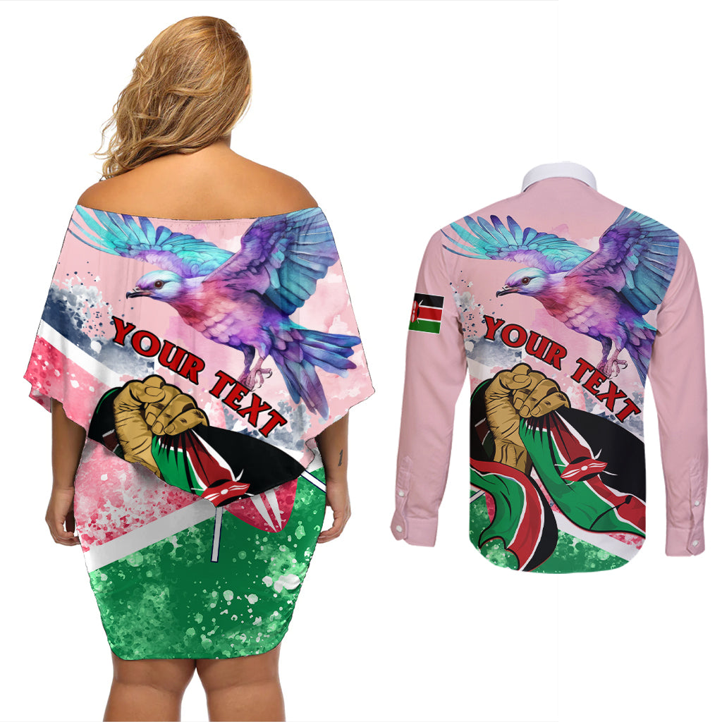 Personalised Kenya Independence Day Couples Matching Off Shoulder Short Dress and Long Sleeve Button Shirt The Lilac Breasted Roller Unique Version - Wonder Print Shop