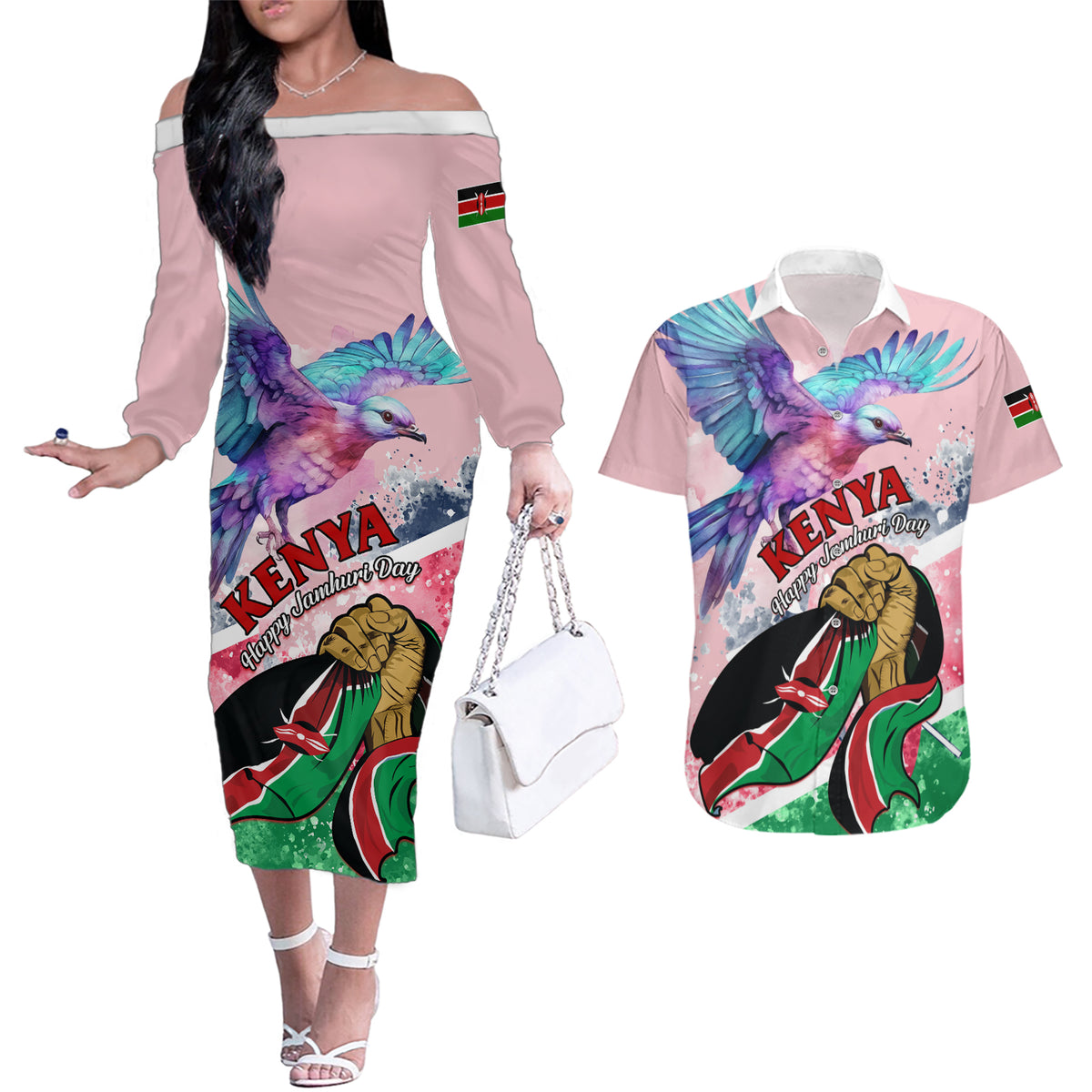 Personalised Kenya Independence Day Couples Matching Off The Shoulder Long Sleeve Dress and Hawaiian Shirt The Lilac Breasted Roller Unique Version - Wonder Print Shop