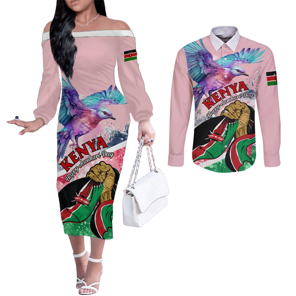 personalised-kenya-independence-day-couples-matching-off-the-shoulder-long-sleeve-dress-and-long-sleeve-button-shirt-the-lilac-breasted-roller-unique-version