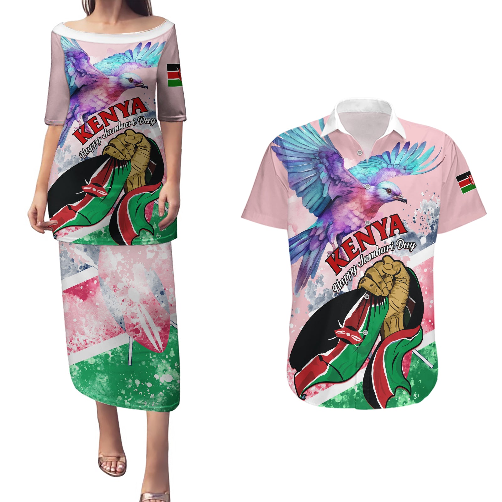 personalised-kenya-independence-day-couples-matching-puletasi-dress-and-hawaiian-shirt-the-lilac-breasted-roller-unique-version