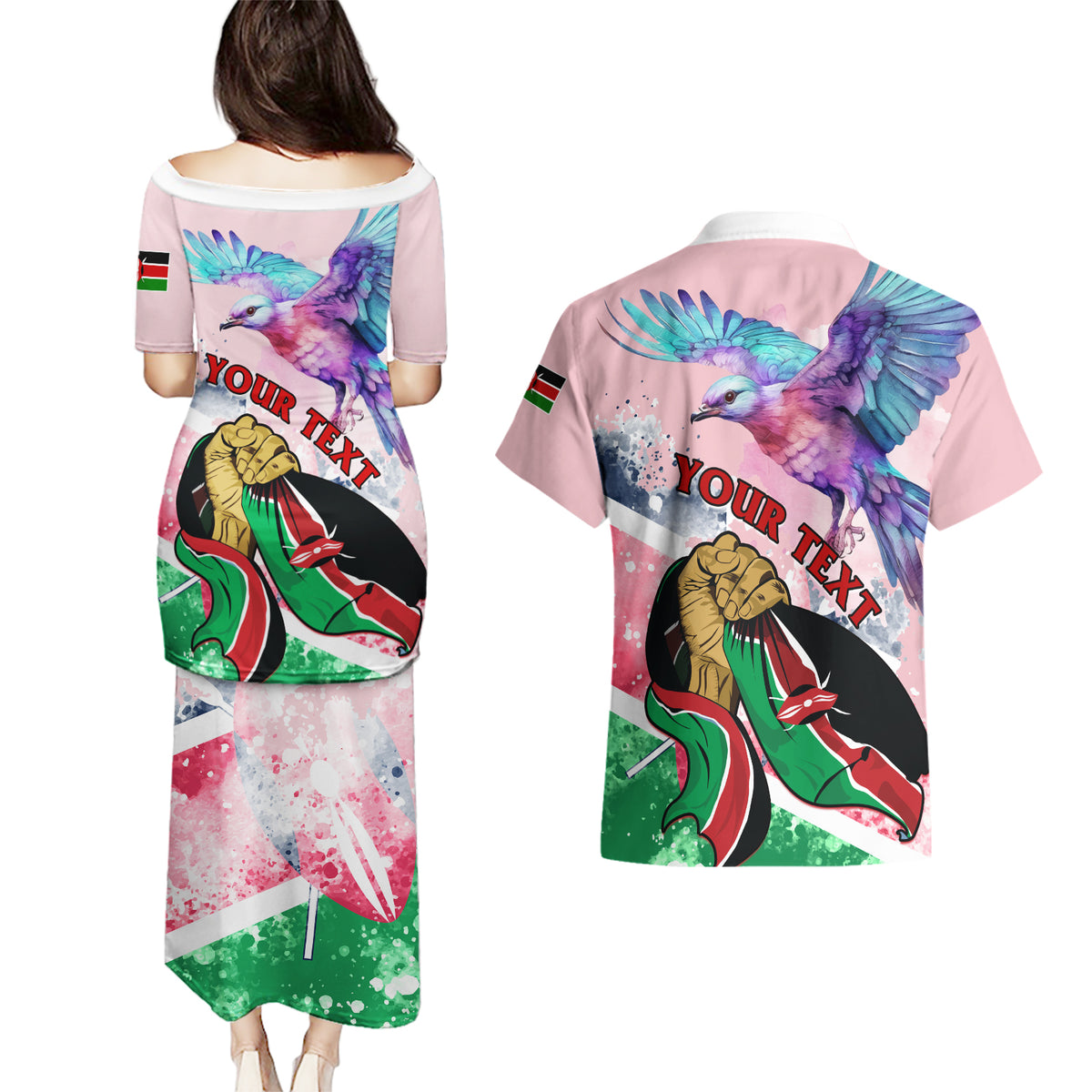 Personalised Kenya Independence Day Couples Matching Puletasi Dress and Hawaiian Shirt The Lilac Breasted Roller Unique Version - Wonder Print Shop