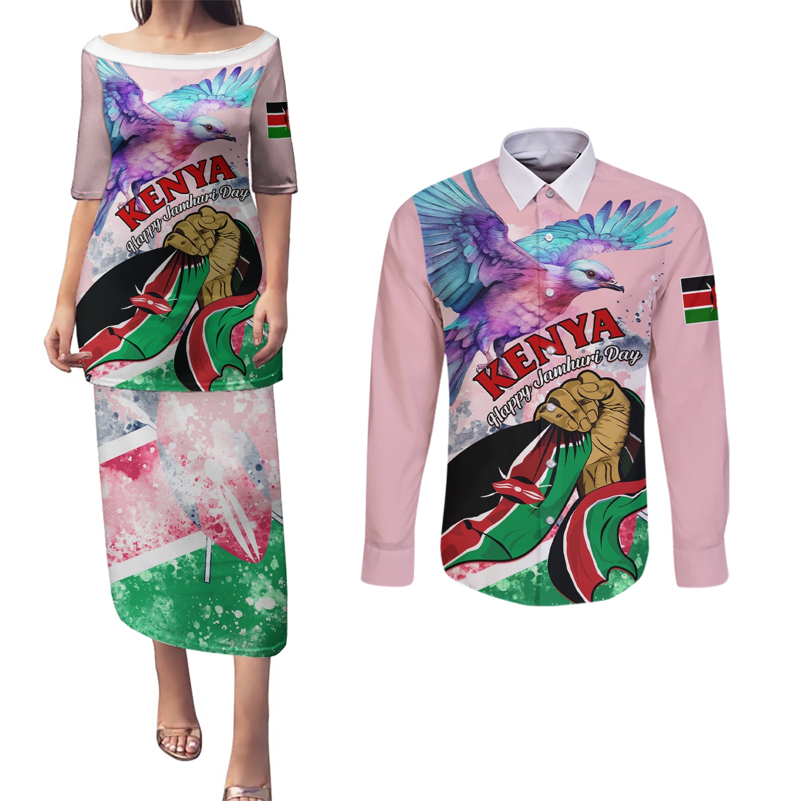 personalised-kenya-independence-day-couples-matching-puletasi-dress-and-long-sleeve-button-shirt-the-lilac-breasted-roller-unique-version