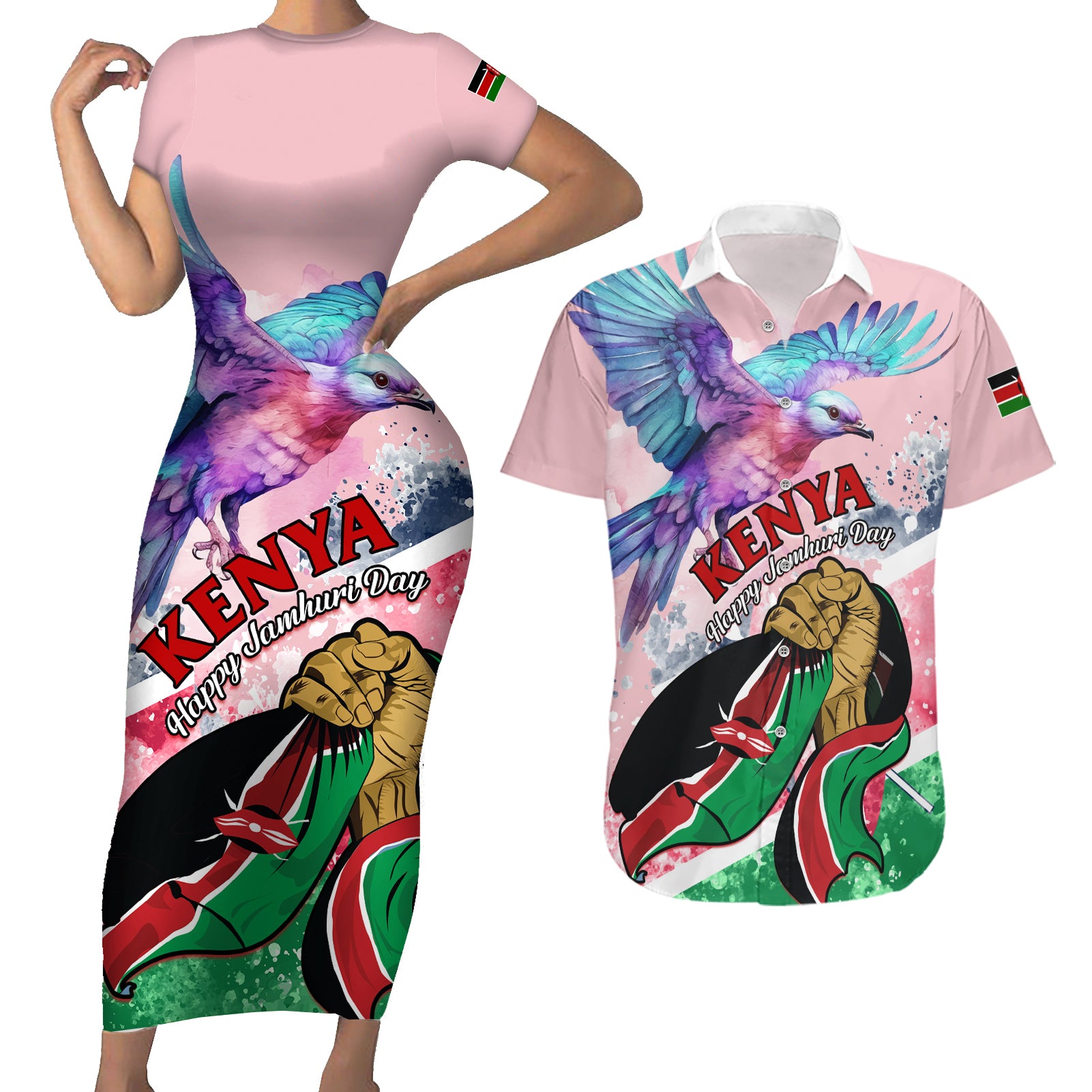 personalised-kenya-independence-day-couples-matching-short-sleeve-bodycon-dress-and-hawaiian-shirt-the-lilac-breasted-roller-unique-version