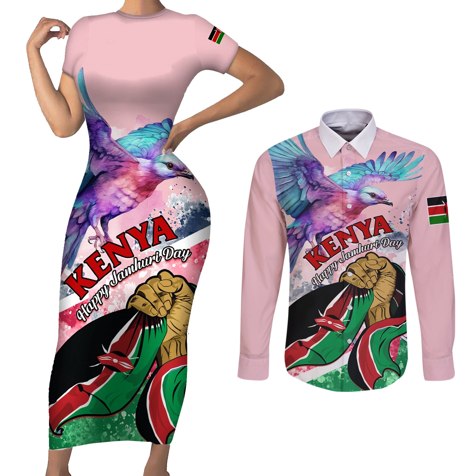 personalised-kenya-independence-day-couples-matching-short-sleeve-bodycon-dress-and-long-sleeve-button-shirt-the-lilac-breasted-roller-unique-version