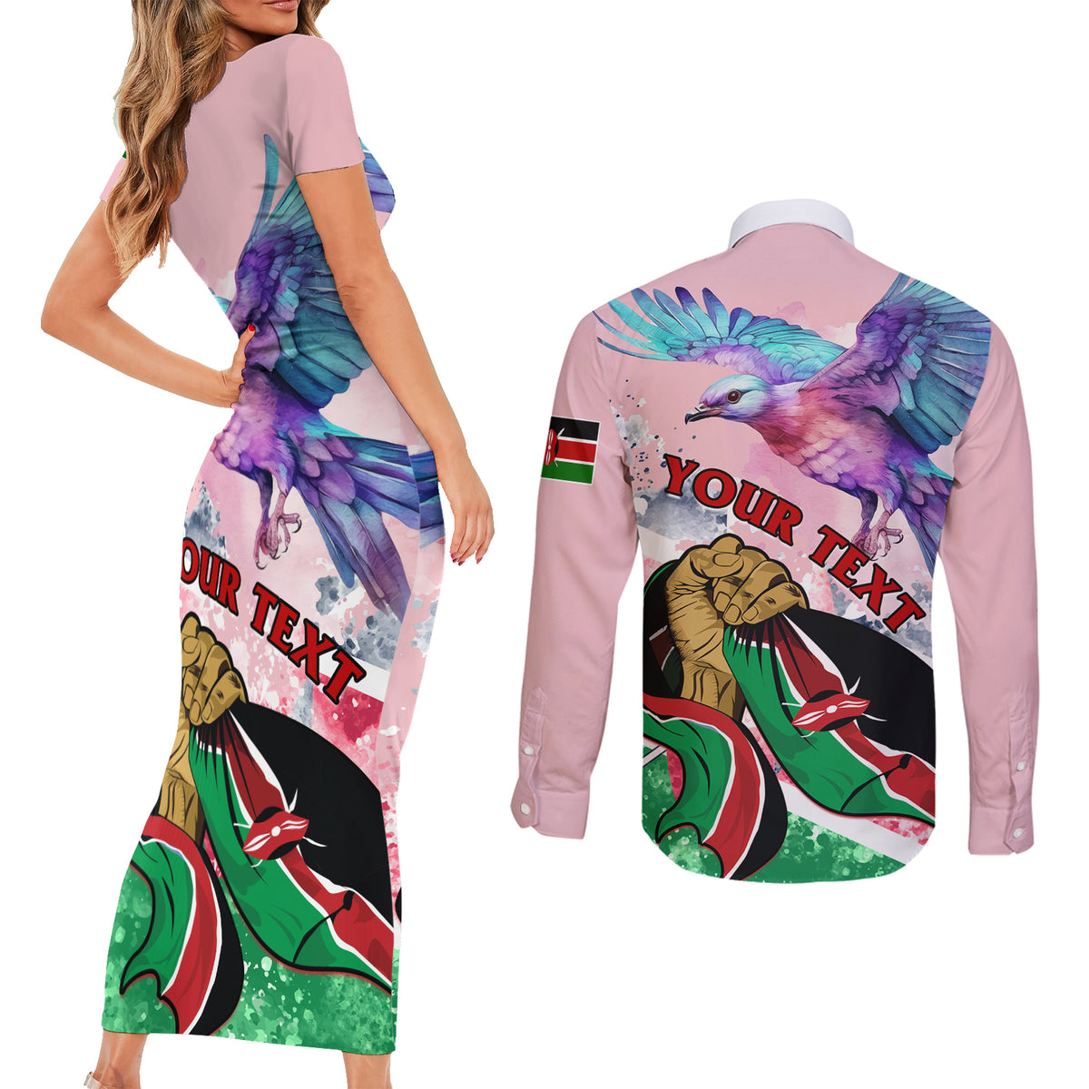 Personalised Kenya Independence Day Couples Matching Short Sleeve Bodycon Dress and Long Sleeve Button Shirt The Lilac Breasted Roller Unique Version - Wonder Print Shop