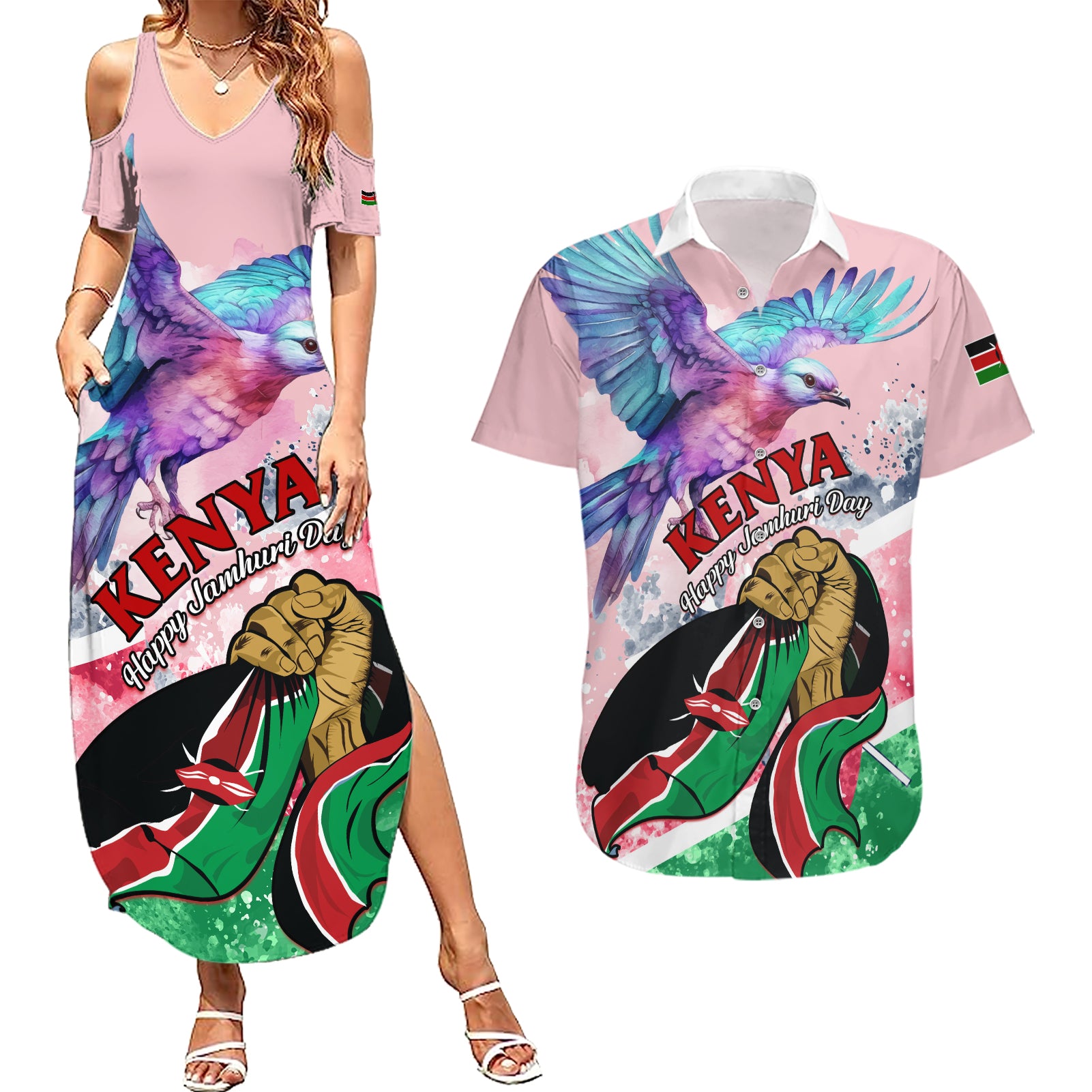 personalised-kenya-independence-day-couples-matching-summer-maxi-dress-and-hawaiian-shirt-the-lilac-breasted-roller-unique-version