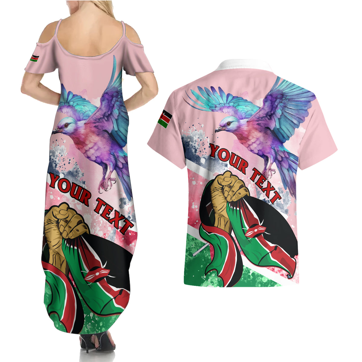 Personalised Kenya Independence Day Couples Matching Summer Maxi Dress and Hawaiian Shirt The Lilac Breasted Roller Unique Version - Wonder Print Shop