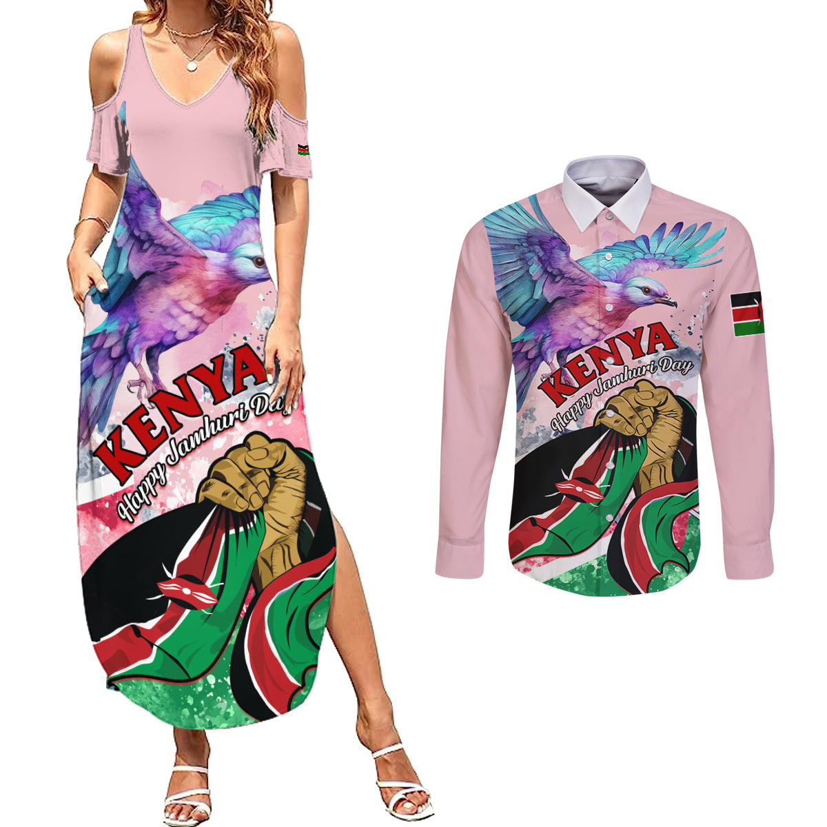 Personalised Kenya Independence Day Couples Matching Summer Maxi Dress and Long Sleeve Button Shirt The Lilac Breasted Roller Unique Version - Wonder Print Shop