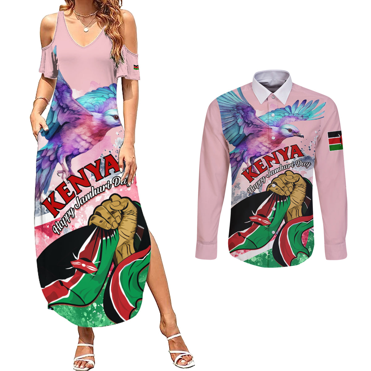 personalised-kenya-independence-day-couples-matching-summer-maxi-dress-and-long-sleeve-button-shirt-the-lilac-breasted-roller-unique-version