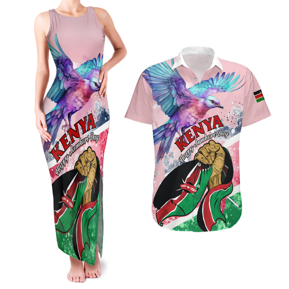 Personalised Kenya Independence Day Couples Matching Tank Maxi Dress and Hawaiian Shirt The Lilac Breasted Roller Unique Version - Wonder Print Shop