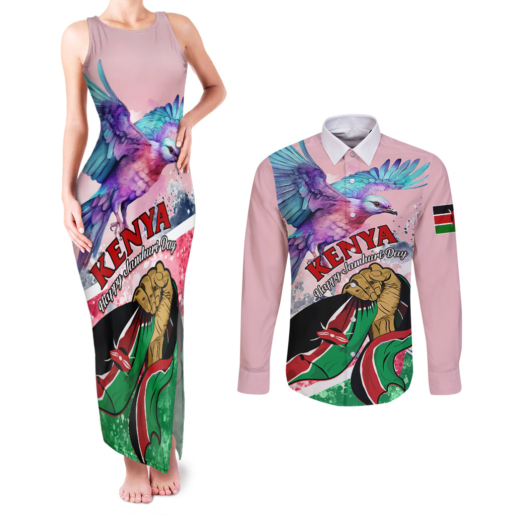 Personalised Kenya Independence Day Couples Matching Tank Maxi Dress and Long Sleeve Button Shirt The Lilac Breasted Roller Unique Version - Wonder Print Shop
