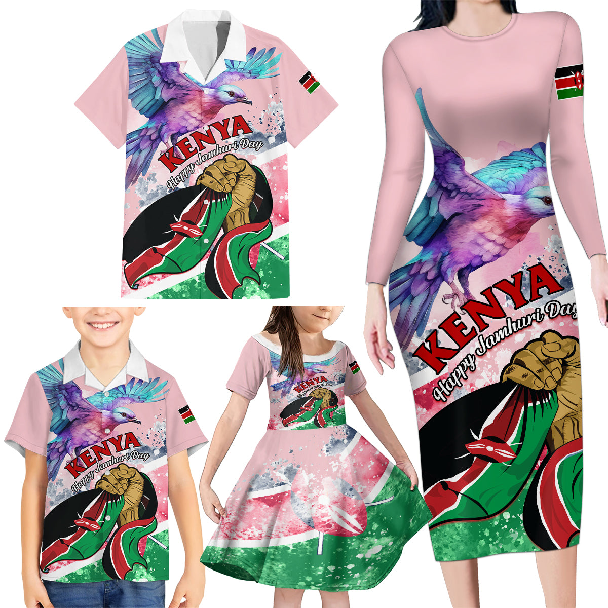 personalised-kenya-independence-day-family-matching-long-sleeve-bodycon-dress-and-hawaiian-shirt-the-lilac-breasted-roller-unique-version