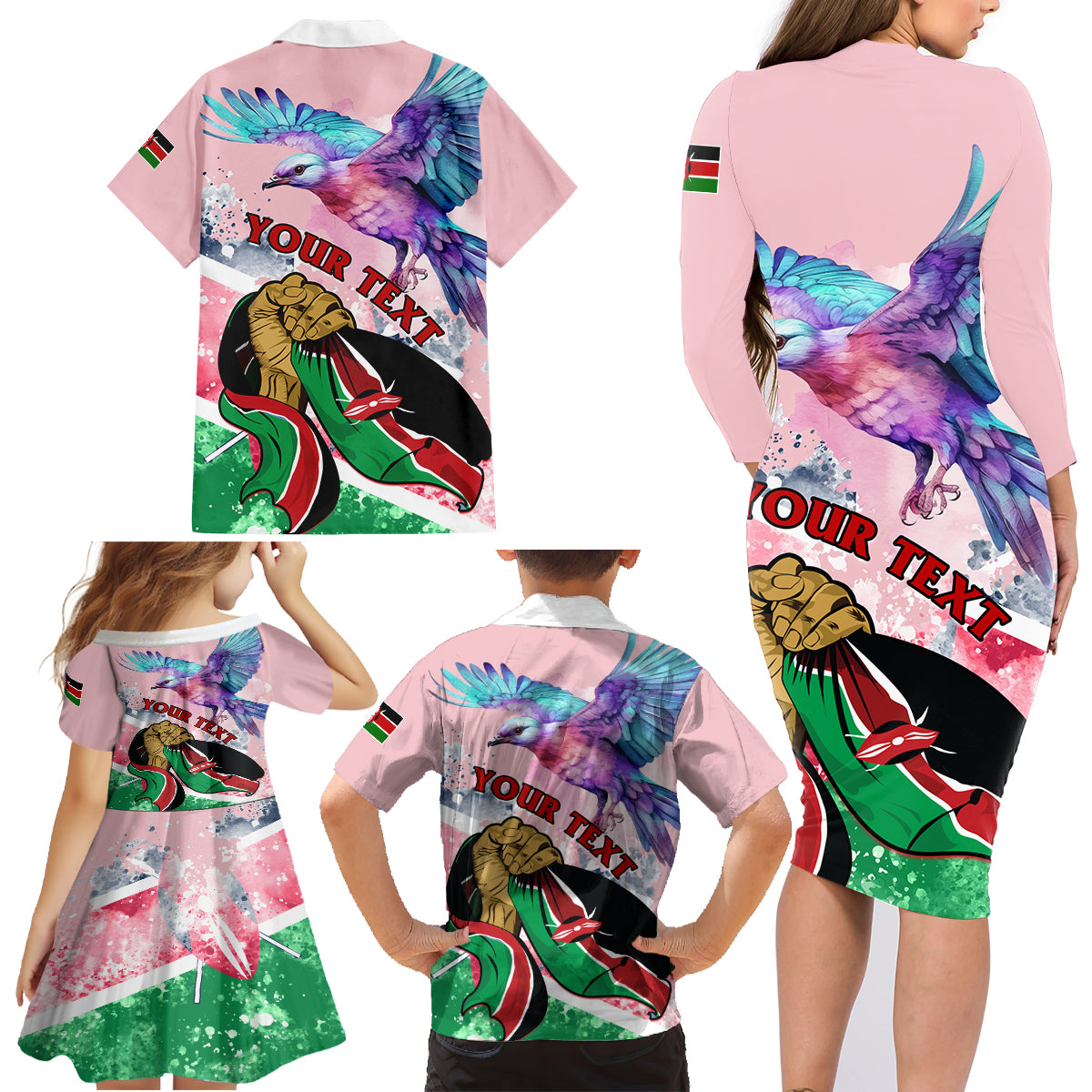 Personalised Kenya Independence Day Family Matching Long Sleeve Bodycon Dress and Hawaiian Shirt The Lilac Breasted Roller Unique Version - Wonder Print Shop