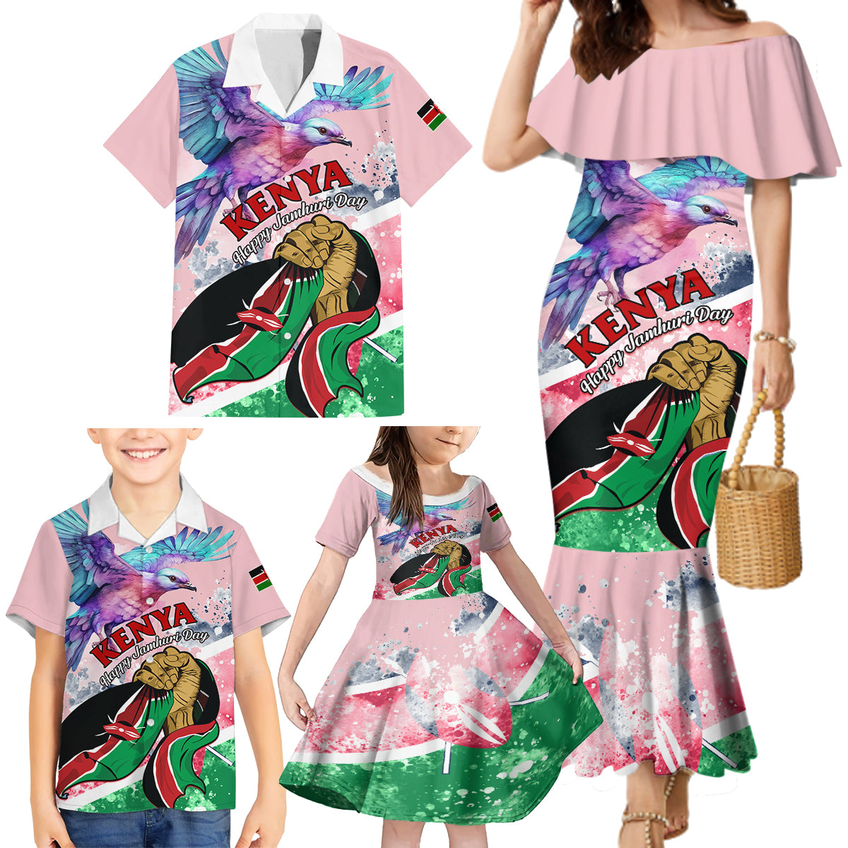 personalised-kenya-independence-day-family-matching-mermaid-dress-and-hawaiian-shirt-the-lilac-breasted-roller-unique-version