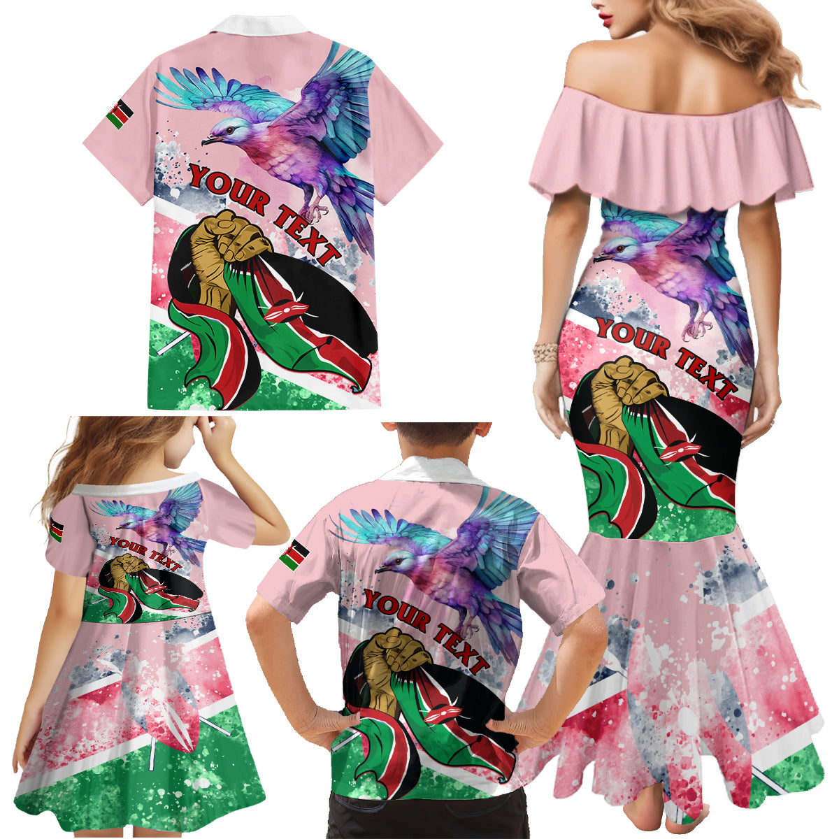Personalised Kenya Independence Day Family Matching Mermaid Dress and Hawaiian Shirt The Lilac Breasted Roller Unique Version - Wonder Print Shop