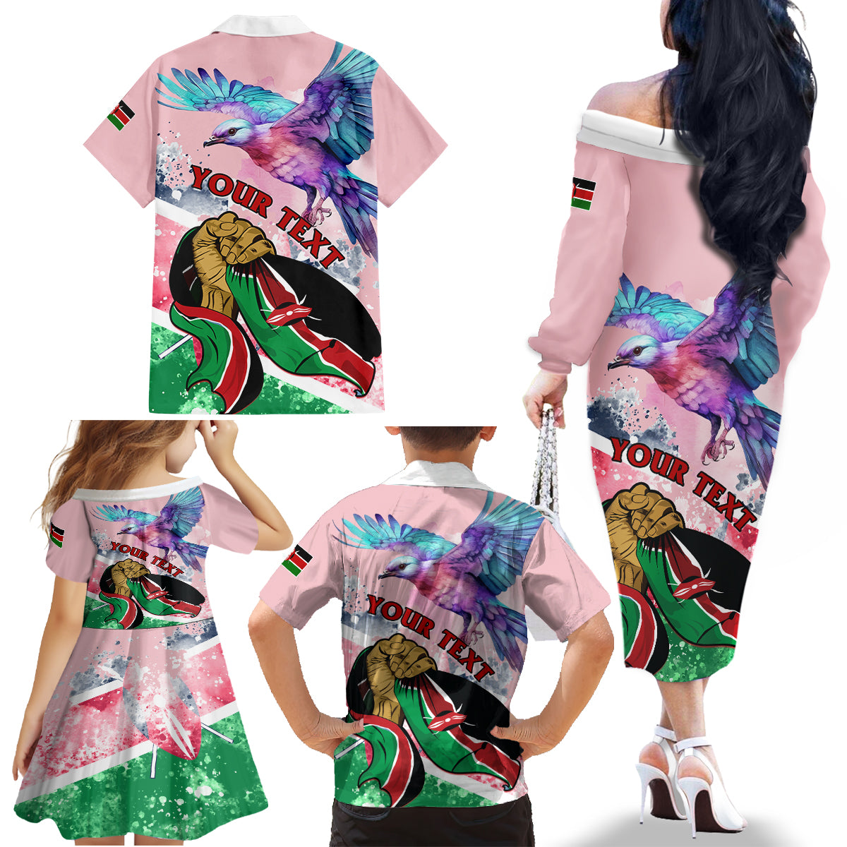 Personalised Kenya Independence Day Family Matching Off Shoulder Long Sleeve Dress and Hawaiian Shirt The Lilac Breasted Roller Unique Version - Wonder Print Shop