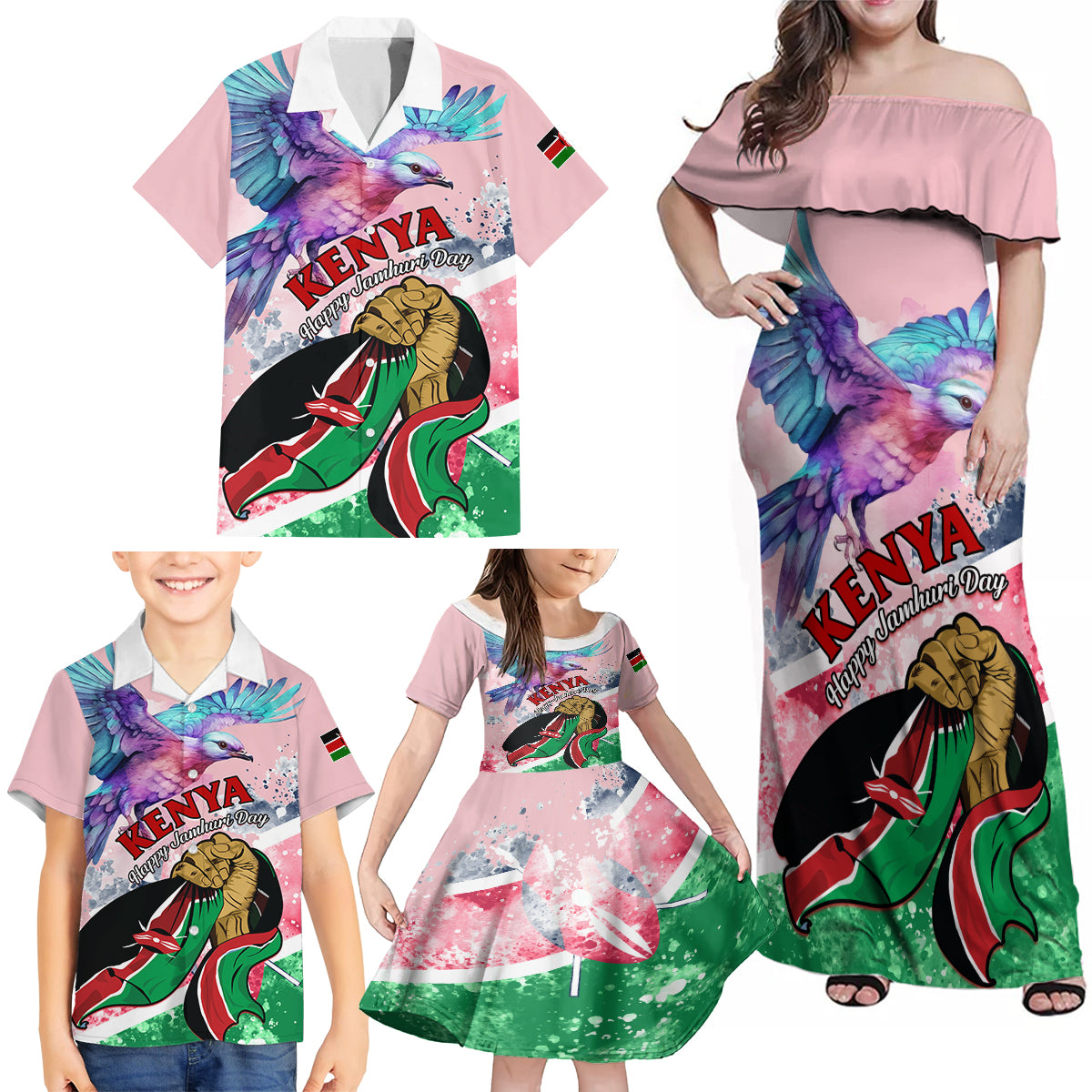 personalised-kenya-independence-day-family-matching-off-shoulder-maxi-dress-and-hawaiian-shirt-the-lilac-breasted-roller-unique-version