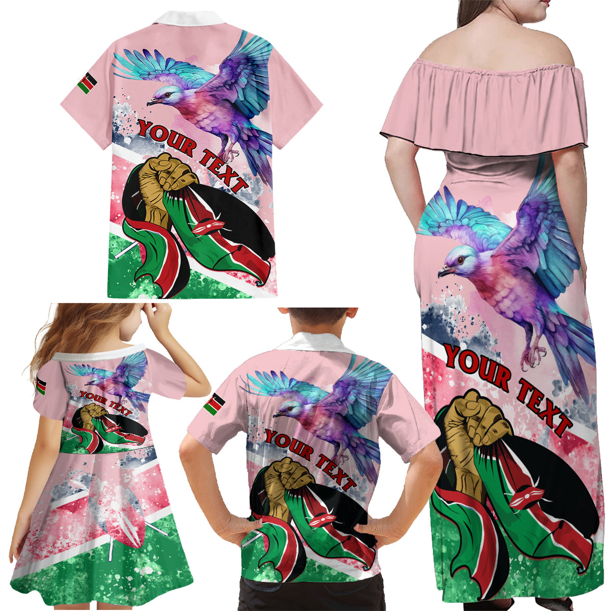Personalised Kenya Independence Day Family Matching Off Shoulder Maxi Dress and Hawaiian Shirt The Lilac Breasted Roller Unique Version - Wonder Print Shop