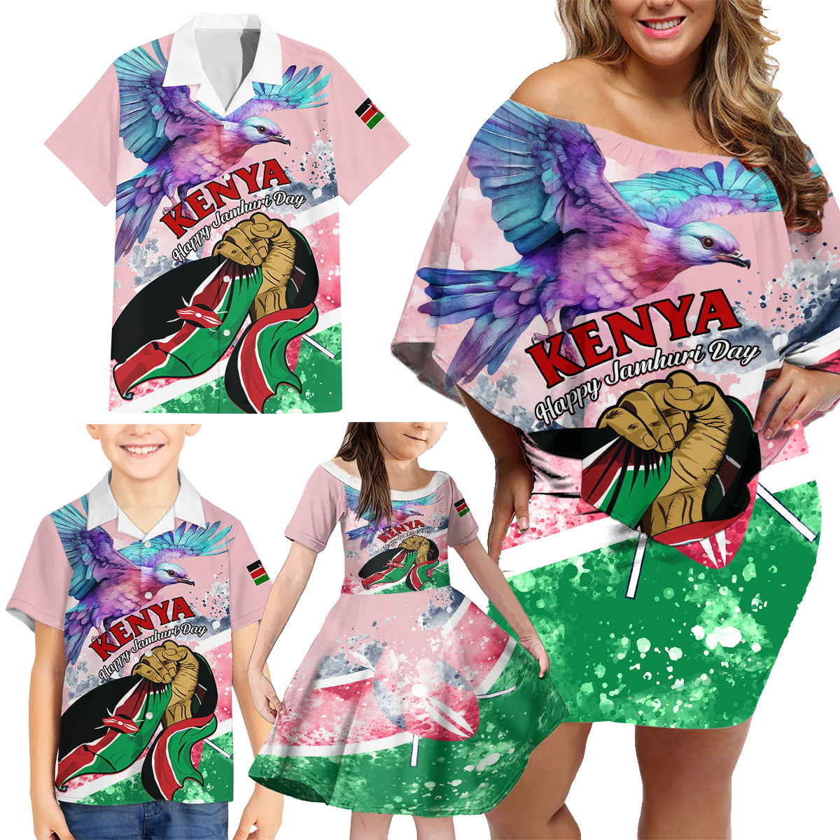 personalised-kenya-independence-day-family-matching-off-shoulder-short-dress-and-hawaiian-shirt-the-lilac-breasted-roller-unique-version