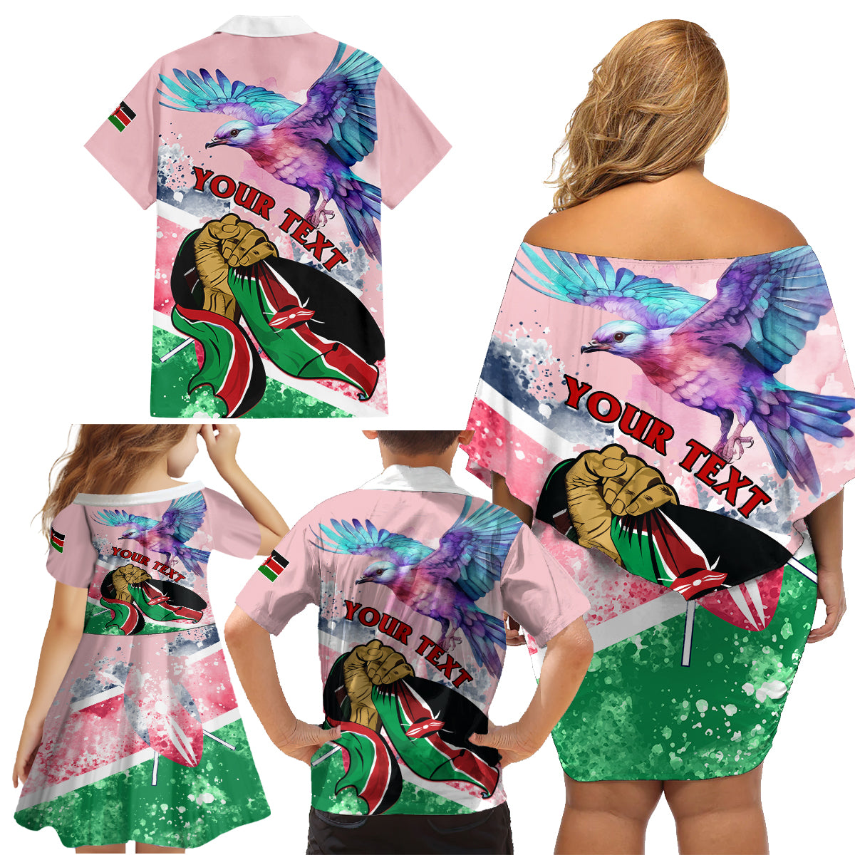 Personalised Kenya Independence Day Family Matching Off Shoulder Short Dress and Hawaiian Shirt The Lilac Breasted Roller Unique Version - Wonder Print Shop