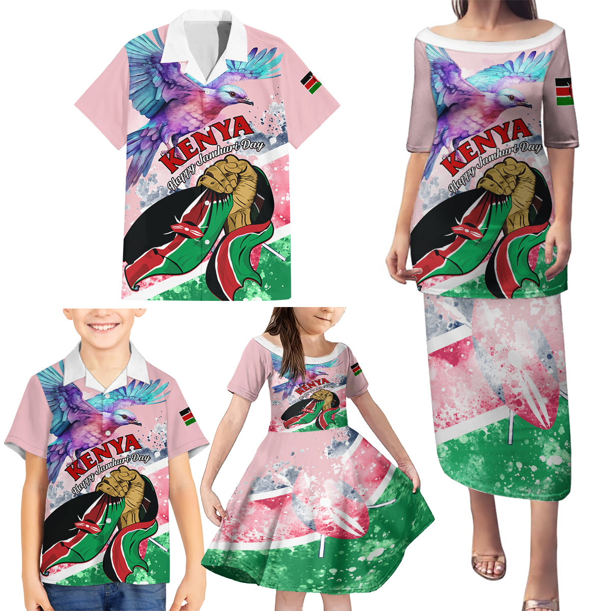 personalised-kenya-independence-day-family-matching-puletasi-dress-and-hawaiian-shirt-the-lilac-breasted-roller-unique-version