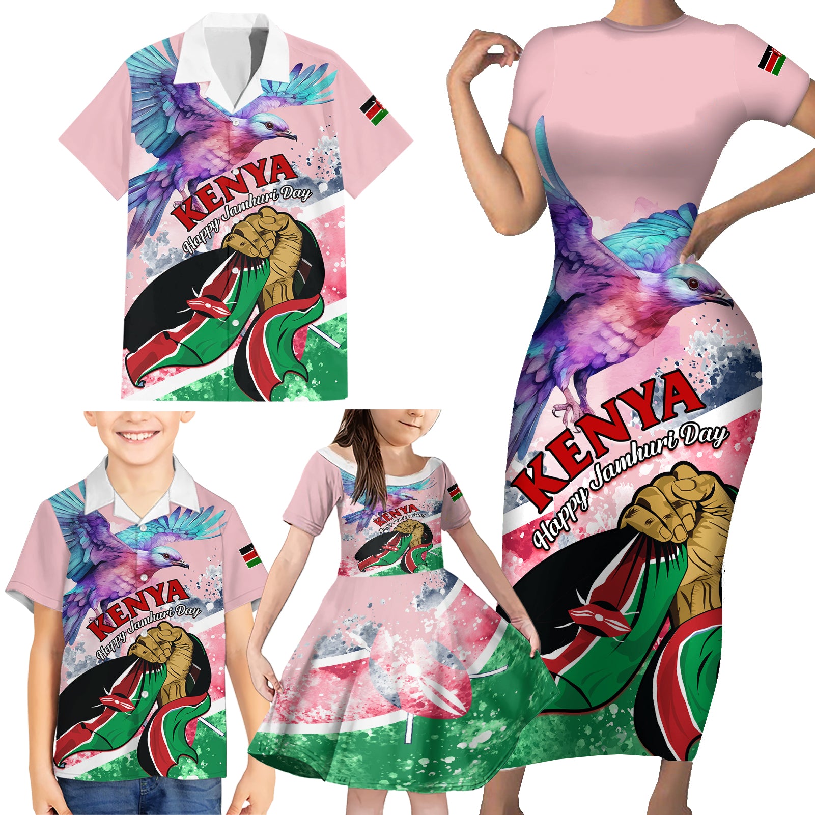 personalised-kenya-independence-day-family-matching-short-sleeve-bodycon-dress-and-hawaiian-shirt-the-lilac-breasted-roller-unique-version
