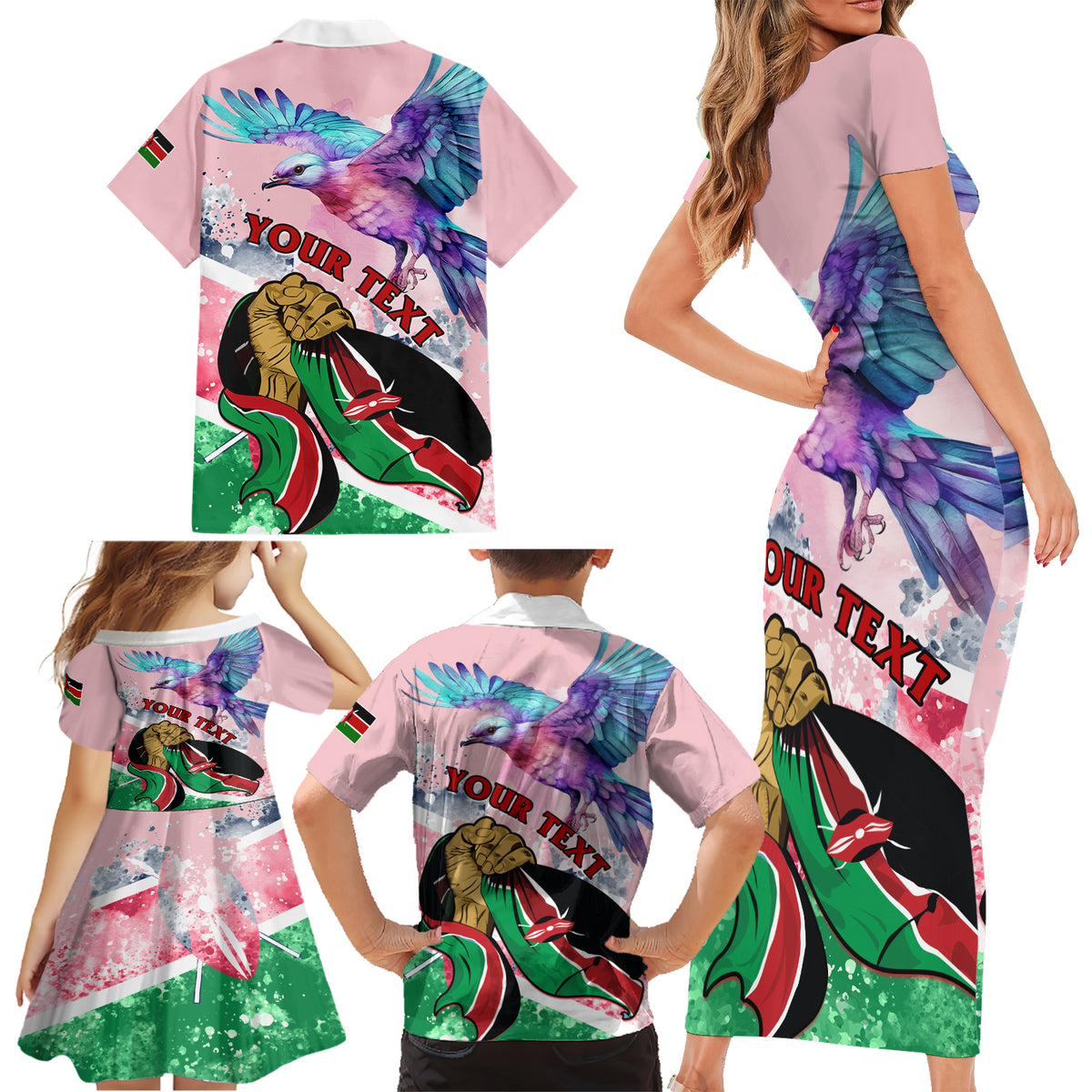 Personalised Kenya Independence Day Family Matching Short Sleeve Bodycon Dress and Hawaiian Shirt The Lilac Breasted Roller Unique Version - Wonder Print Shop