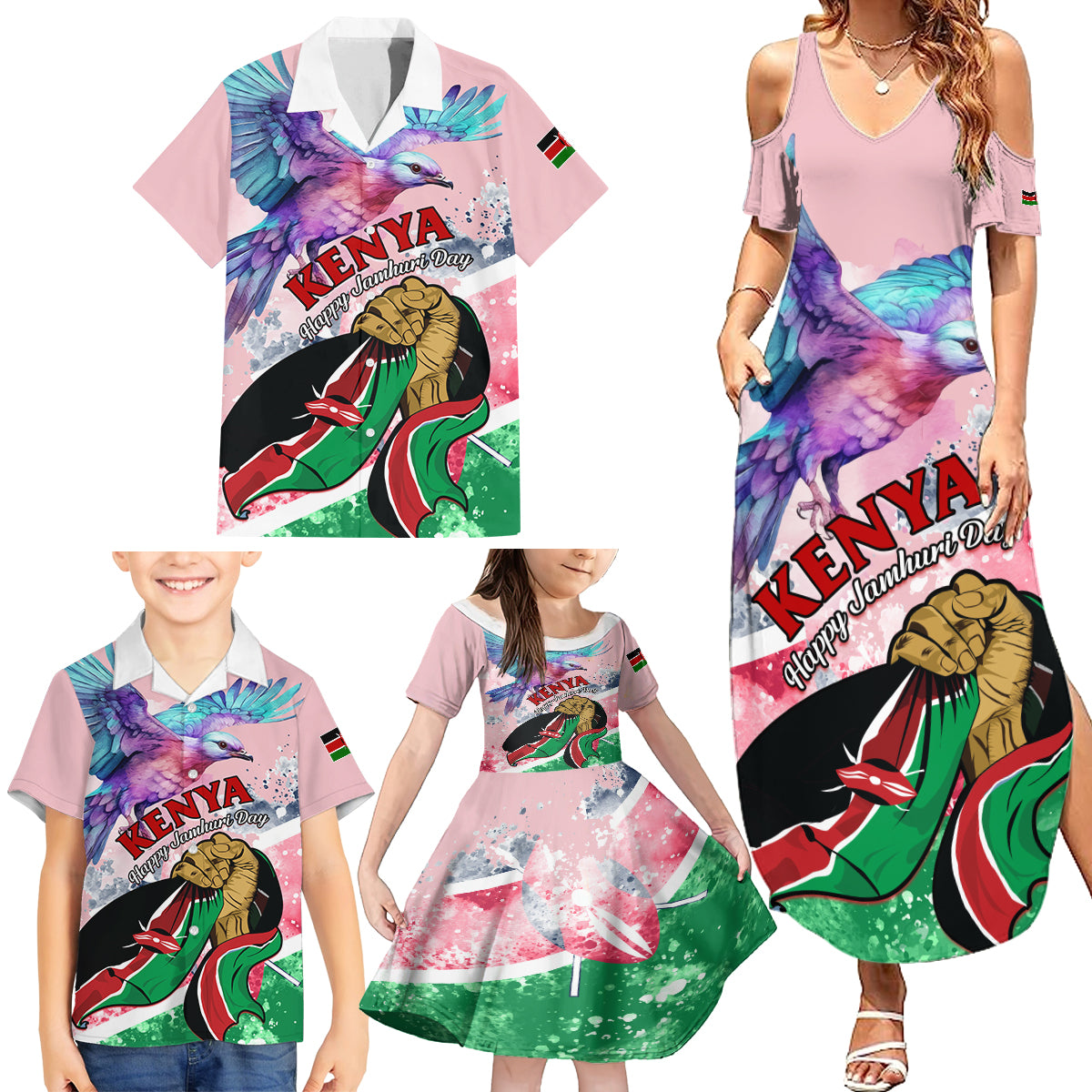 personalised-kenya-independence-day-family-matching-summer-maxi-dress-and-hawaiian-shirt-the-lilac-breasted-roller-unique-version