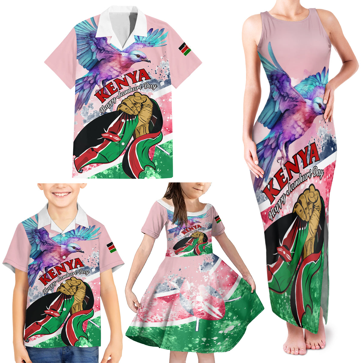 personalised-kenya-independence-day-family-matching-tank-maxi-dress-and-hawaiian-shirt-the-lilac-breasted-roller-unique-version