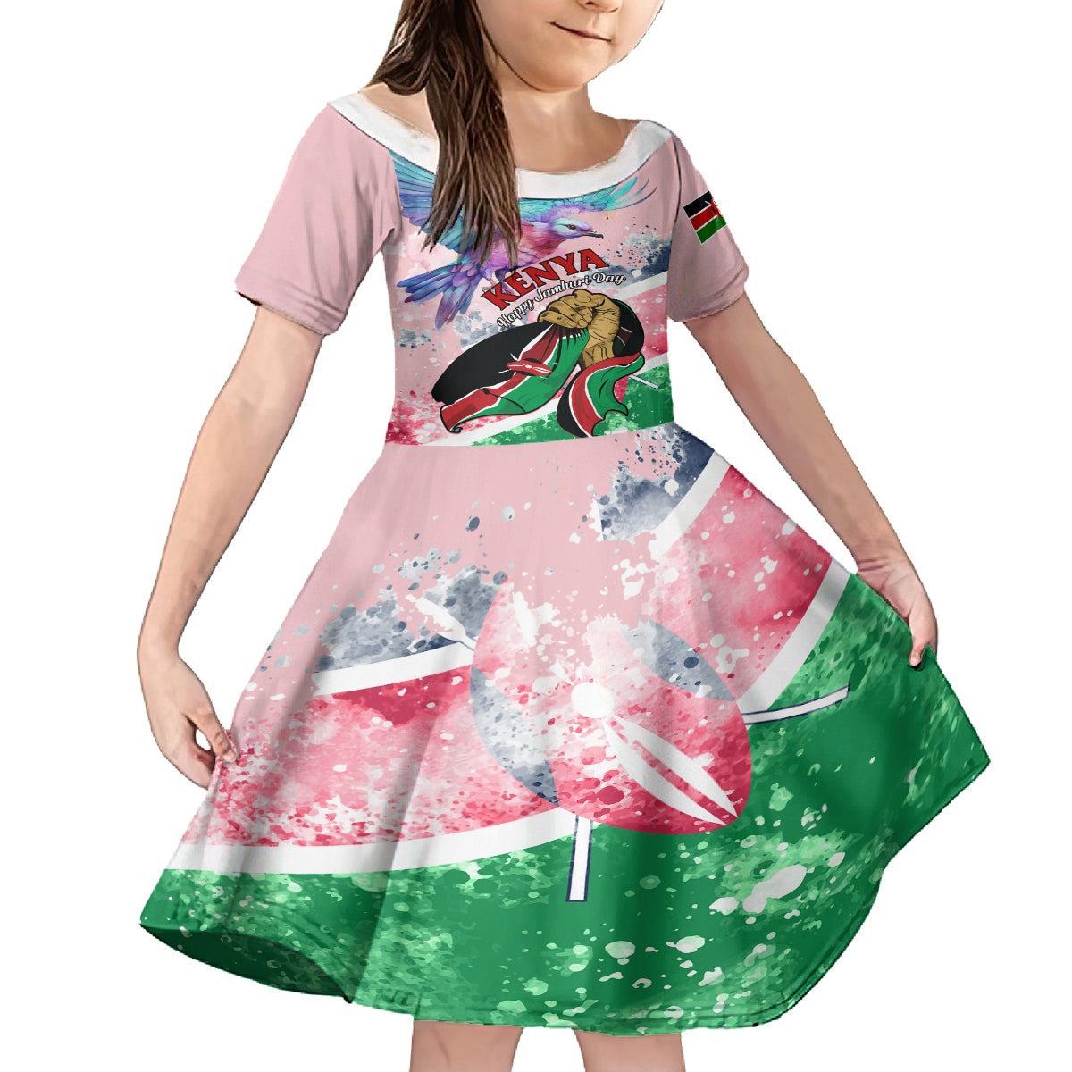 personalised-kenya-independence-day-kid-short-sleeve-dress-the-lilac-breasted-roller-unique-version