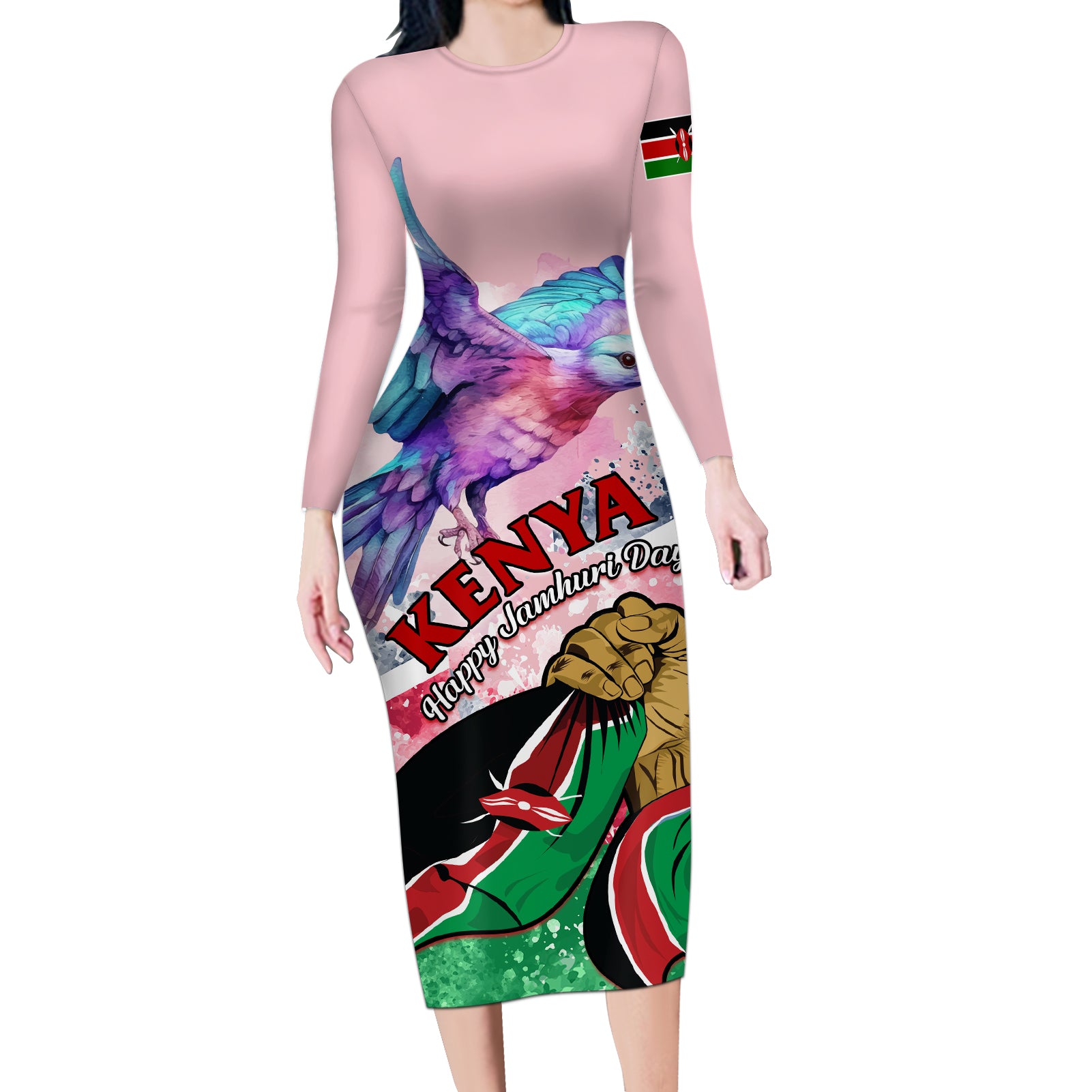 Personalised Kenya Independence Day Long Sleeve Bodycon Dress The Lilac Breasted Roller Unique Version - Wonder Print Shop