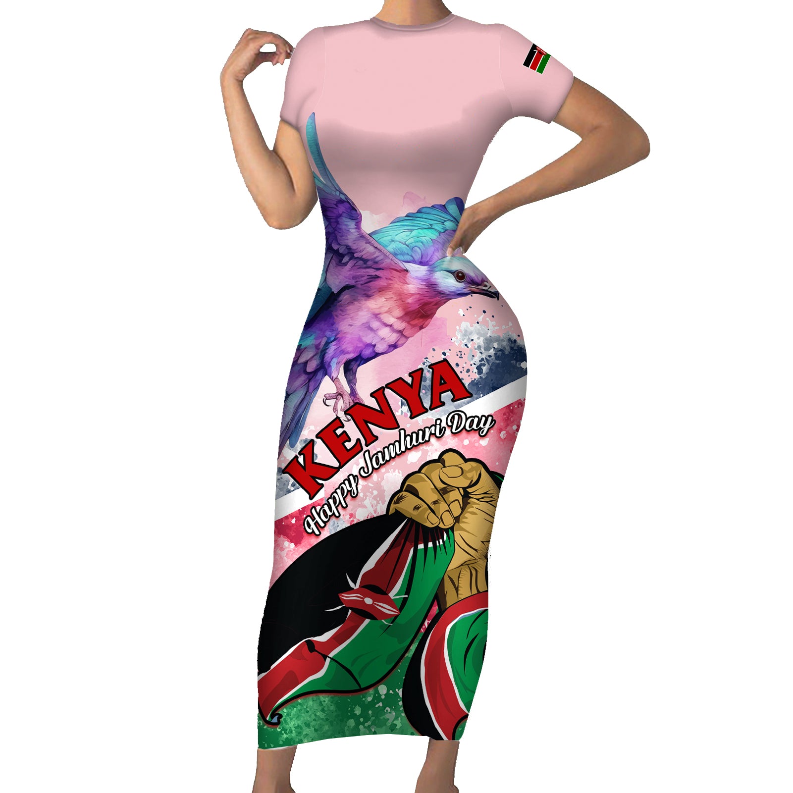 Personalised Kenya Independence Day Short Sleeve Bodycon Dress The Lilac Breasted Roller Unique Version - Wonder Print Shop