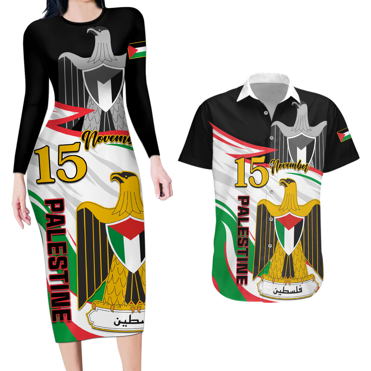 Personalised Palestine Independence Day Couples Matching Long Sleeve Bodycon Dress and Hawaiian Shirt Palestinian Coat Of Arms Special Version - Wonder Print Shop