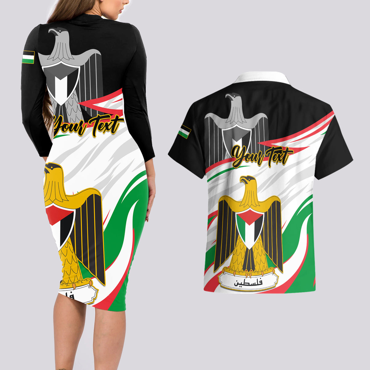 Personalised Palestine Independence Day Couples Matching Long Sleeve Bodycon Dress and Hawaiian Shirt Palestinian Coat Of Arms Special Version - Wonder Print Shop