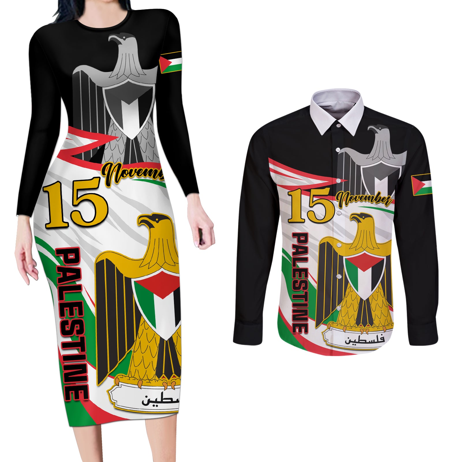 Personalised Palestine Independence Day Couples Matching Long Sleeve Bodycon Dress and Long Sleeve Button Shirt Palestinian Coat Of Arms Special Version - Wonder Print Shop
