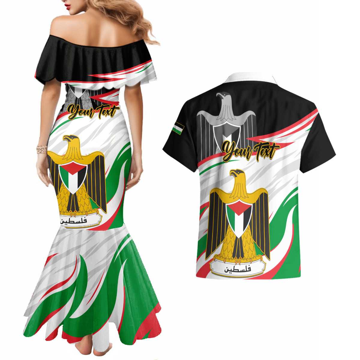 Personalised Palestine Independence Day Couples Matching Mermaid Dress and Hawaiian Shirt Palestinian Coat Of Arms Special Version - Wonder Print Shop