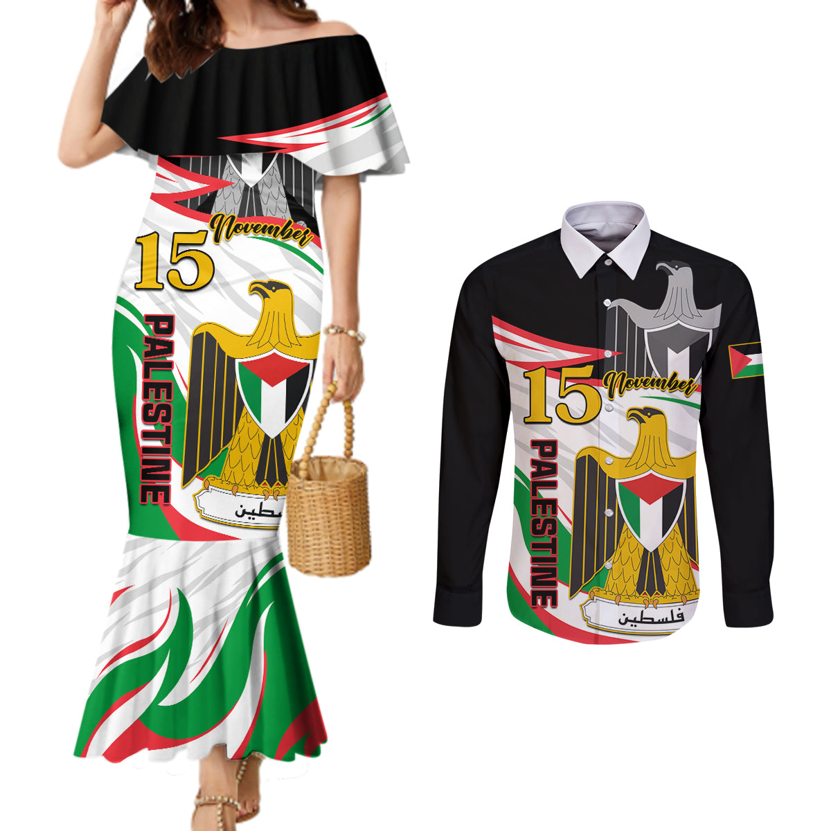personalised-palestine-independence-day-couples-matching-mermaid-dress-and-long-sleeve-button-shirt-palestinian-coat-of-arms-special-version